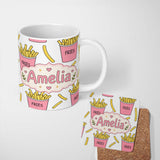Personalized Custom Name Cute French Fries Cartoon Snack Seamless Pattern Pink Cups Grey 11oz Ceramic Coffee Tea Mug White Large Handle