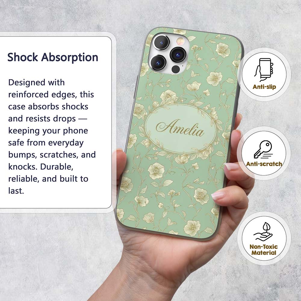 Refined Teal Botanical Pattern with Flowing Gold Custom Name Protective Phone Case Mobile Cover Durable Everyday Smartphone Shock Resistant