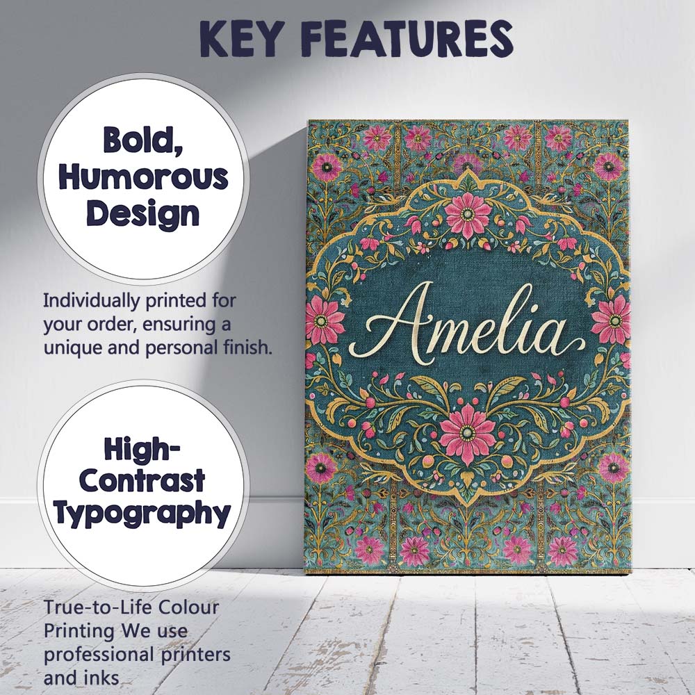 Personalised Name Teal Pink Decorative Floral Tile Pattern Symmetrical Custom Collection Canvas Wall Art Print Decor Picture Ready to Hang