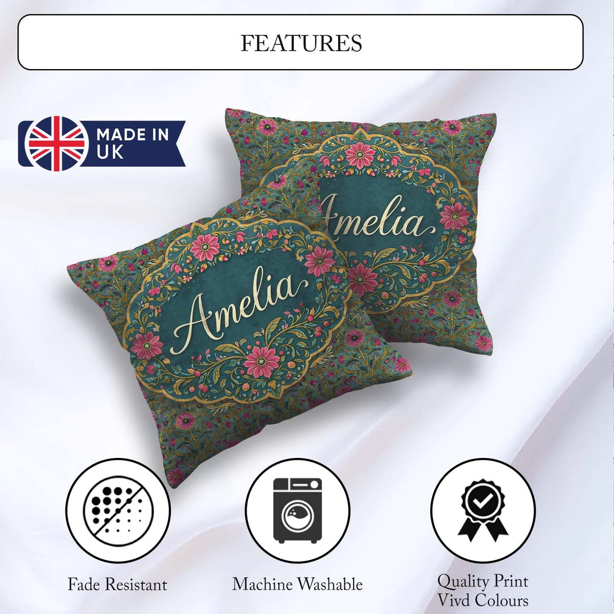 Custom Name Teal Pink Decorative Floral Tile Pattern Symmetrical Square Filled Cushion Throw Pillow Sofa Bed Home Decor Zip Washable UK Made