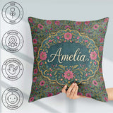 Custom Name Teal Pink Decorative Floral Tile Pattern Symmetrical Square Filled Cushion Throw Pillow Sofa Bed Home Decor Zip Washable UK Made
