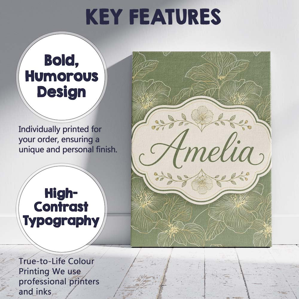 Personalised Name Muted Olive Green Floral Custom  Unique Gift Idea Elegant Feature Canvas Wall Art Print Decor Picture Ready to Hang
