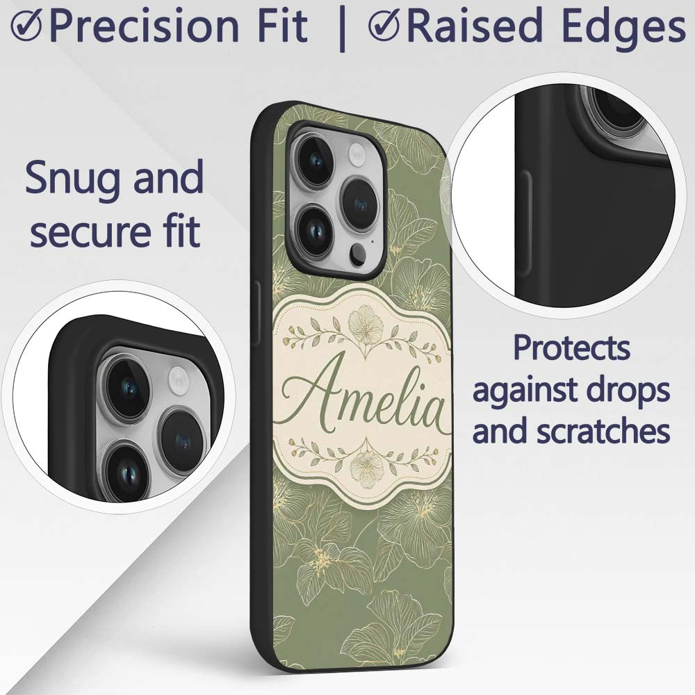 Muted Olive Green Floral Pattern with Elegant Custom Name Protective Phone Case Mobile Cover Durable Everyday Smartphone Shock Resistant
