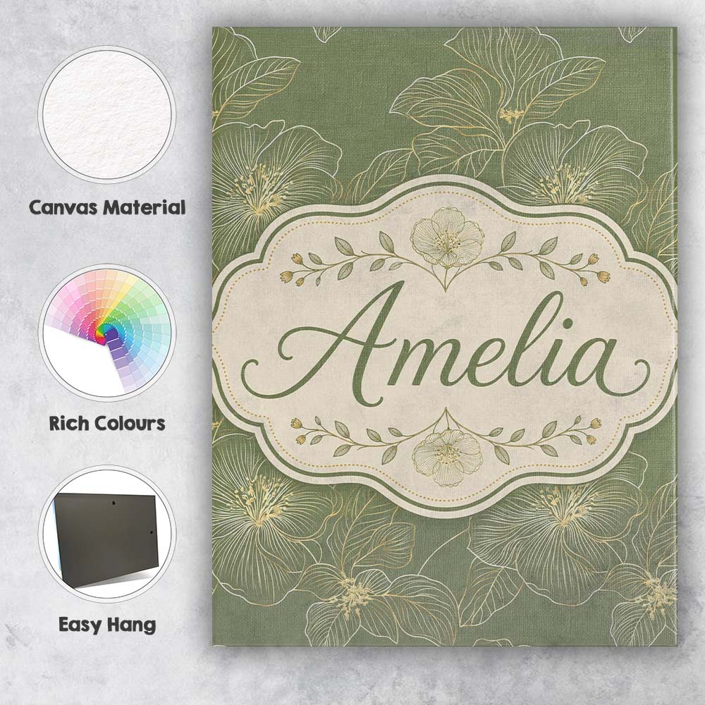 Personalised Name Muted Olive Green Floral Custom  Unique Gift Idea Elegant Feature Canvas Wall Art Print Decor Picture Ready to Hang