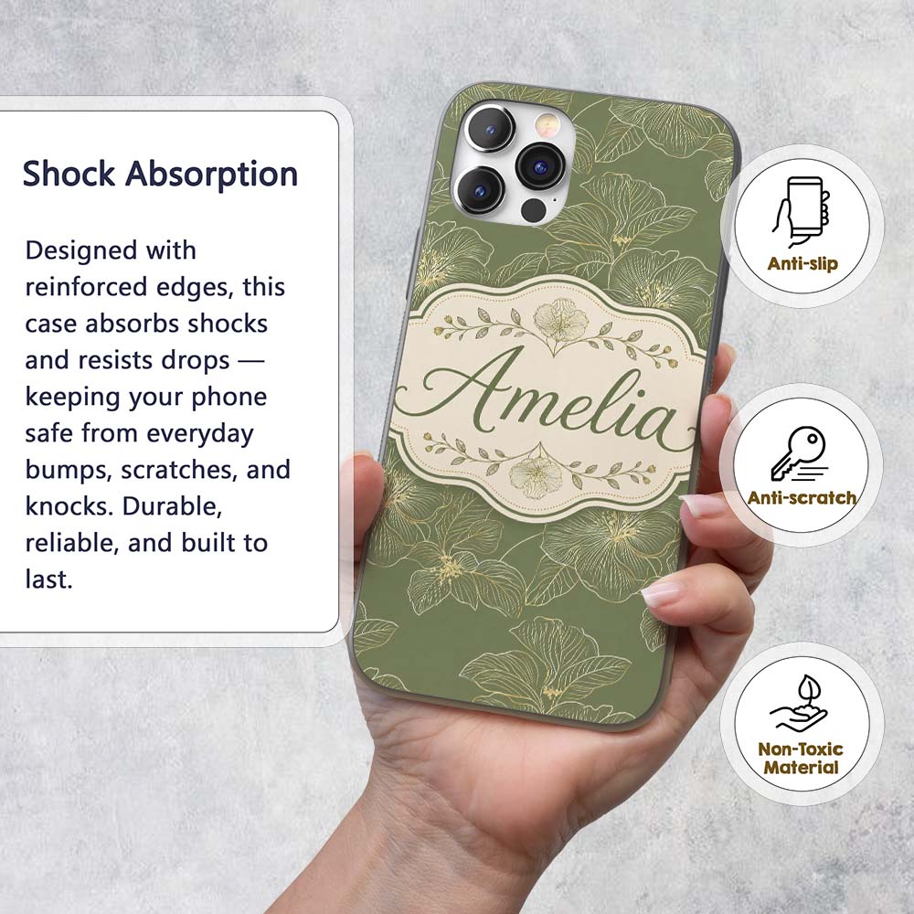 Muted Olive Green Floral Pattern with Elegant Custom Name Protective Phone Case Mobile Cover Durable Everyday Smartphone Shock Resistant