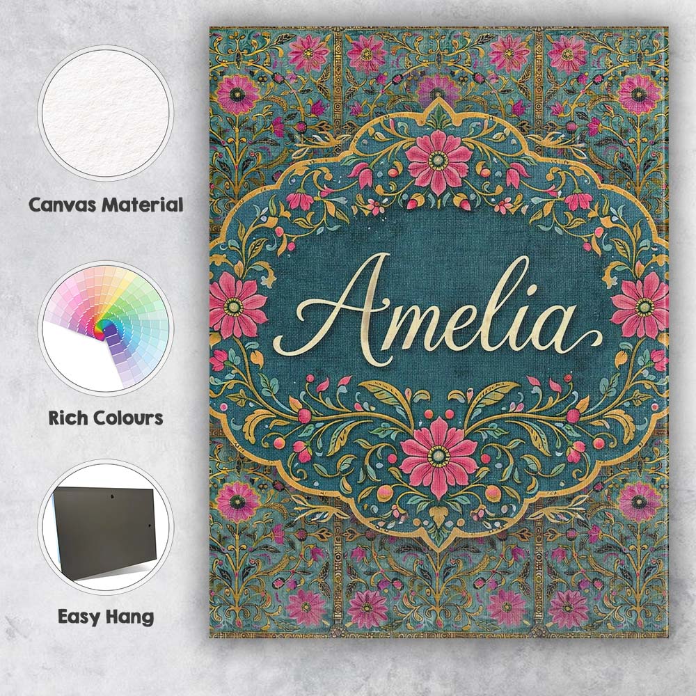 Personalised Name Teal Pink Decorative Floral Tile Pattern Symmetrical Custom Collection Canvas Wall Art Print Decor Picture Ready to Hang