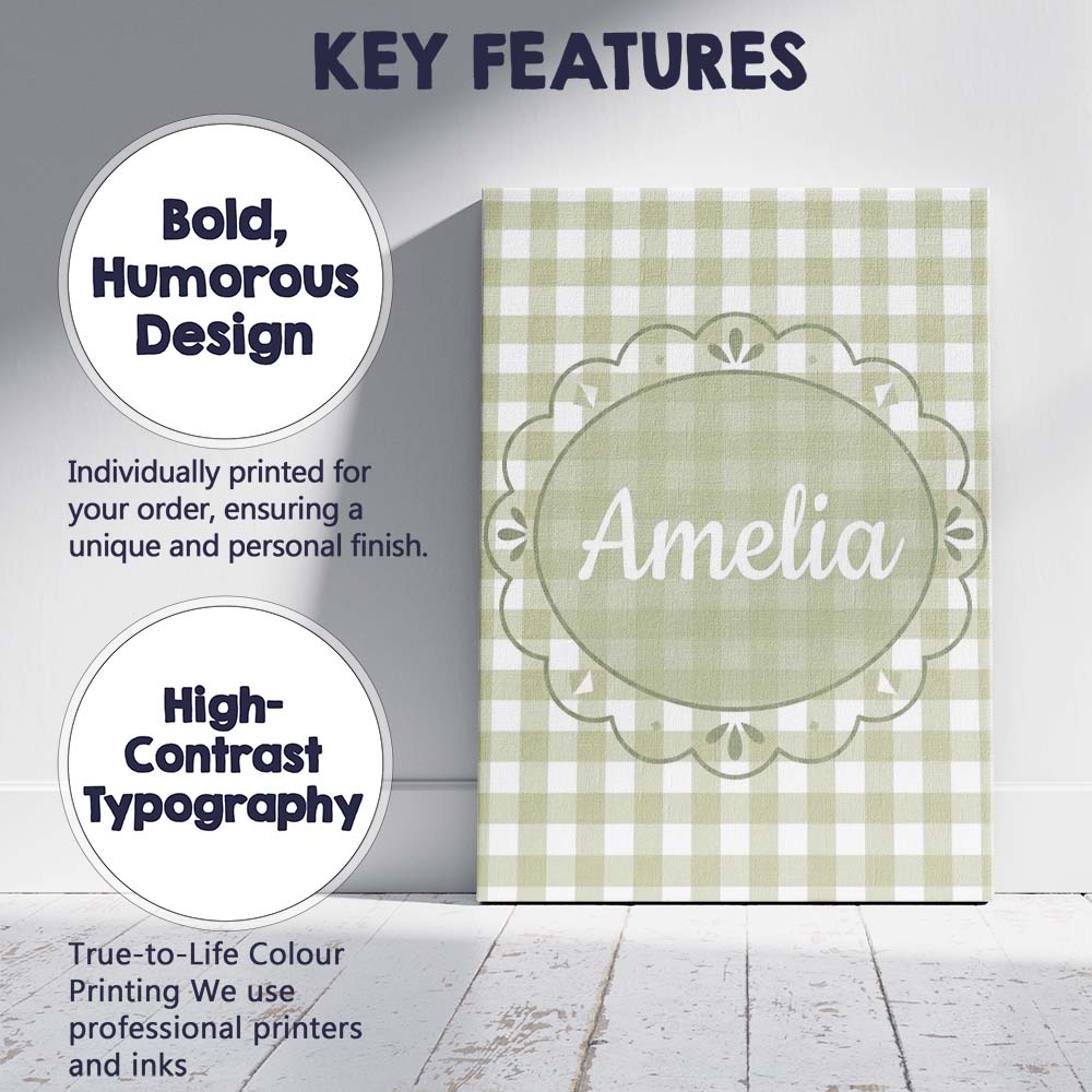 Personalised Name Soft Sage Green Gingham Custom  Unique Gift Idea Elegant Feature Canvas Wall Art Print Decor Picture Ready to Hang