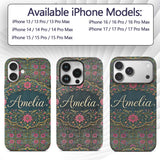 Teal Pink Decorative Floral Tile Printed Design Custom Name Protective Phone Case Mobile Cover Durable Everyday Smartphone Shock Resistant