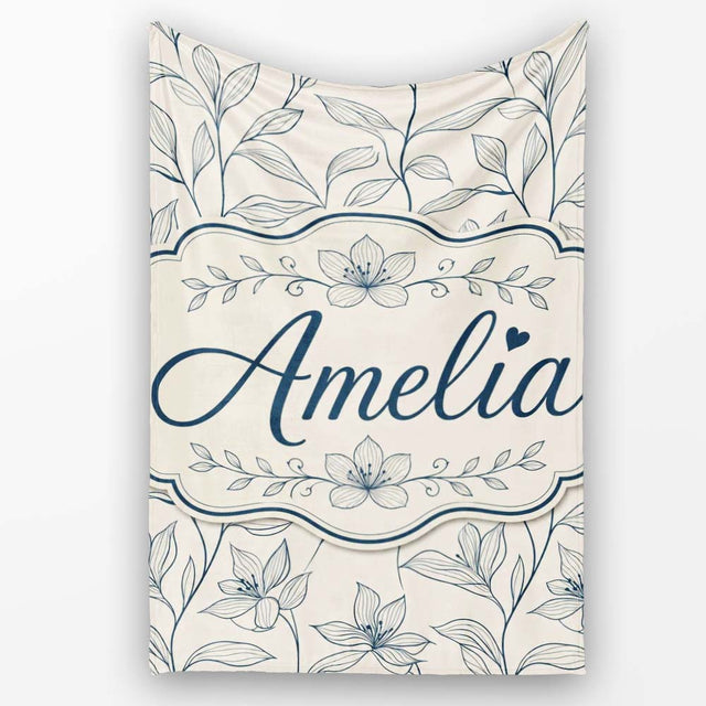 Elegant Beige Botanical Line Art Leaves Pattern with Floral Stems  Personalised Custom Name Super Soft Fleece Blanket Bed Sofa Throw