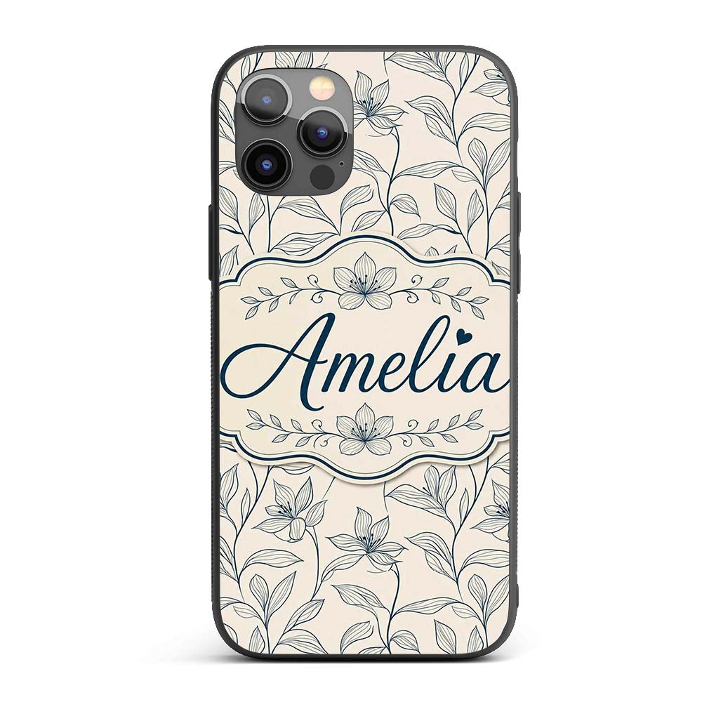 Elegant Beige Botanical Line Art Leaves Pattern Custom Name Protective Phone Case Mobile Cover Durable Everyday Smartphone Shock Resistant