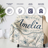 Elegant Beige Botanical Line Art Leaves Pattern with Floral Stems  Personalised Custom Name Super Soft Fleece Blanket Bed Sofa Throw