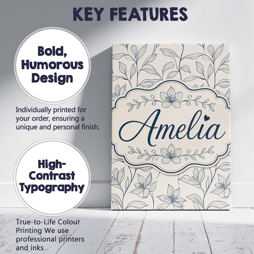 Personalised Name Elegant Beige Botanical Custom  Bespoke Decorative Contemporary Canvas Wall Art Print Decor Picture Ready to Hang