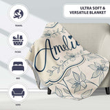 Elegant Beige Botanical Line Art Leaves Pattern with Floral Stems  Personalised Custom Name Super Soft Fleece Blanket Bed Sofa Throw
