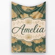 Luxury Dark Green Floral Pattern with Large Gold Line Art Blossoms  Personalised Custom Name Super Soft Fleece Blanket Bed Sofa Throw