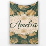 Luxury Dark Green Floral Pattern with Large Gold Line Art Blossoms  Personalised Custom Name Super Soft Fleece Blanket Bed Sofa Throw