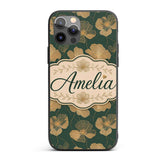 Luxury Dark Green Floral Pattern with Large Gold Custom Name Protective Phone Case Mobile Cover Durable Everyday Smartphone Shock Resistant