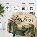 Luxury Dark Green Floral Pattern with Large Gold Line Art Blossoms  Personalised Custom Name Super Soft Fleece Blanket Bed Sofa Throw