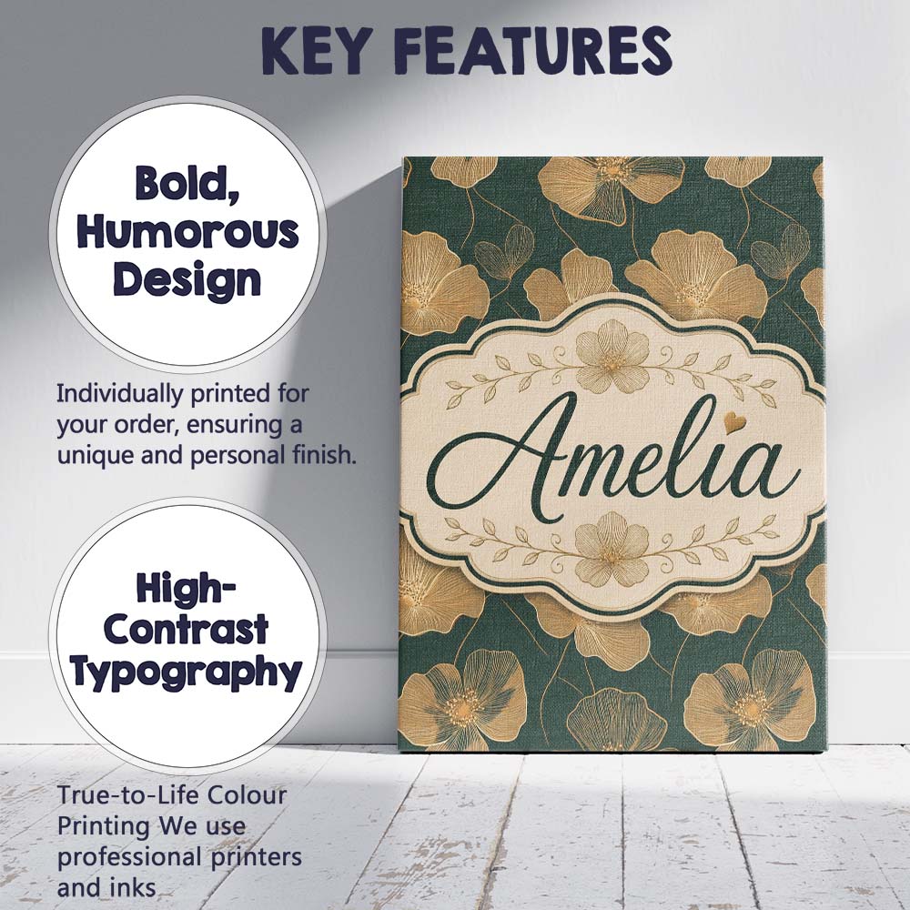 Personalised Name Luxury Dark Green Floral Custom  Unique Gift Idea Elegant Feature Canvas Wall Art Print Decor Picture Ready to Hang