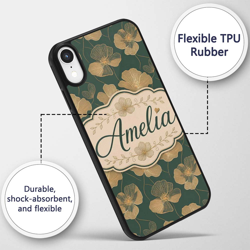 Luxury Dark Green Floral Pattern with Large Gold Custom Name Protective Phone Case Mobile Cover Durable Everyday Smartphone Shock Resistant