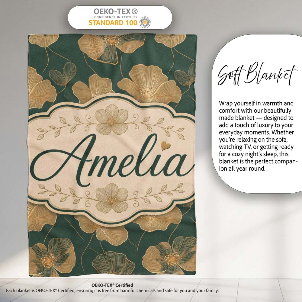 Luxury Dark Green Floral Pattern with Large Gold Line Art Blossoms  Personalised Custom Name Super Soft Fleece Blanket Bed Sofa Throw