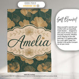 Luxury Dark Green Floral Pattern with Large Gold Line Art Blossoms  Personalised Custom Name Super Soft Fleece Blanket Bed Sofa Throw