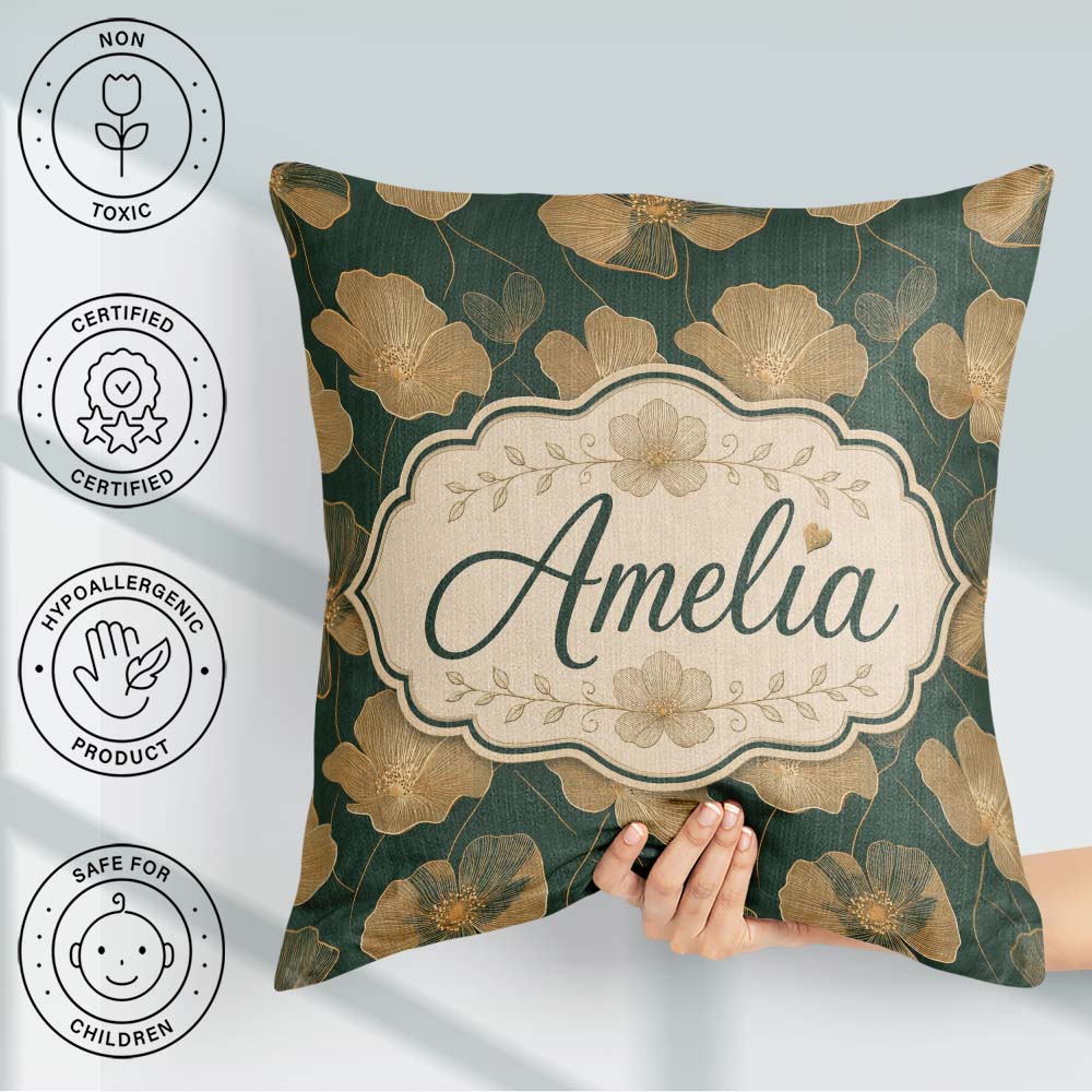 Custom Name Luxury Dark Green Floral Pattern with Large Gold Art Square Filled Cushion Throw Pillow Sofa Bed Home Decor Zip Washable UK Made