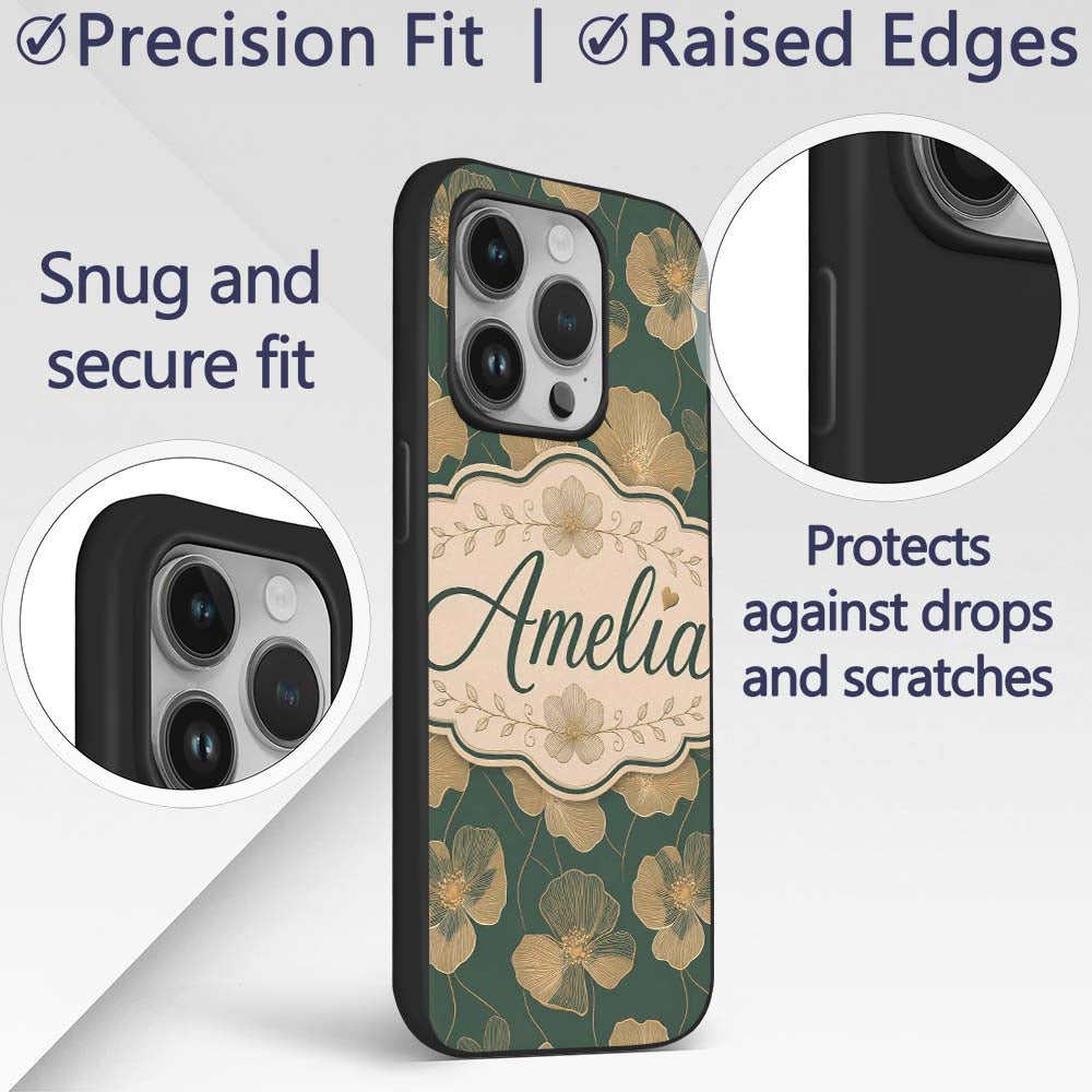 Luxury Dark Green Floral Pattern with Large Gold Custom Name Protective Phone Case Mobile Cover Durable Everyday Smartphone Shock Resistant