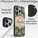 Luxury Dark Green Floral Pattern with Large Gold Custom Name Protective Phone Case Mobile Cover Durable Everyday Smartphone Shock Resistant