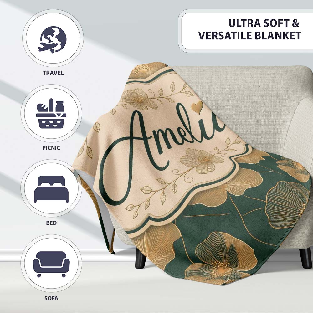 Luxury Dark Green Floral Pattern with Large Gold Line Art Blossoms  Personalised Custom Name Super Soft Fleece Blanket Bed Sofa Throw