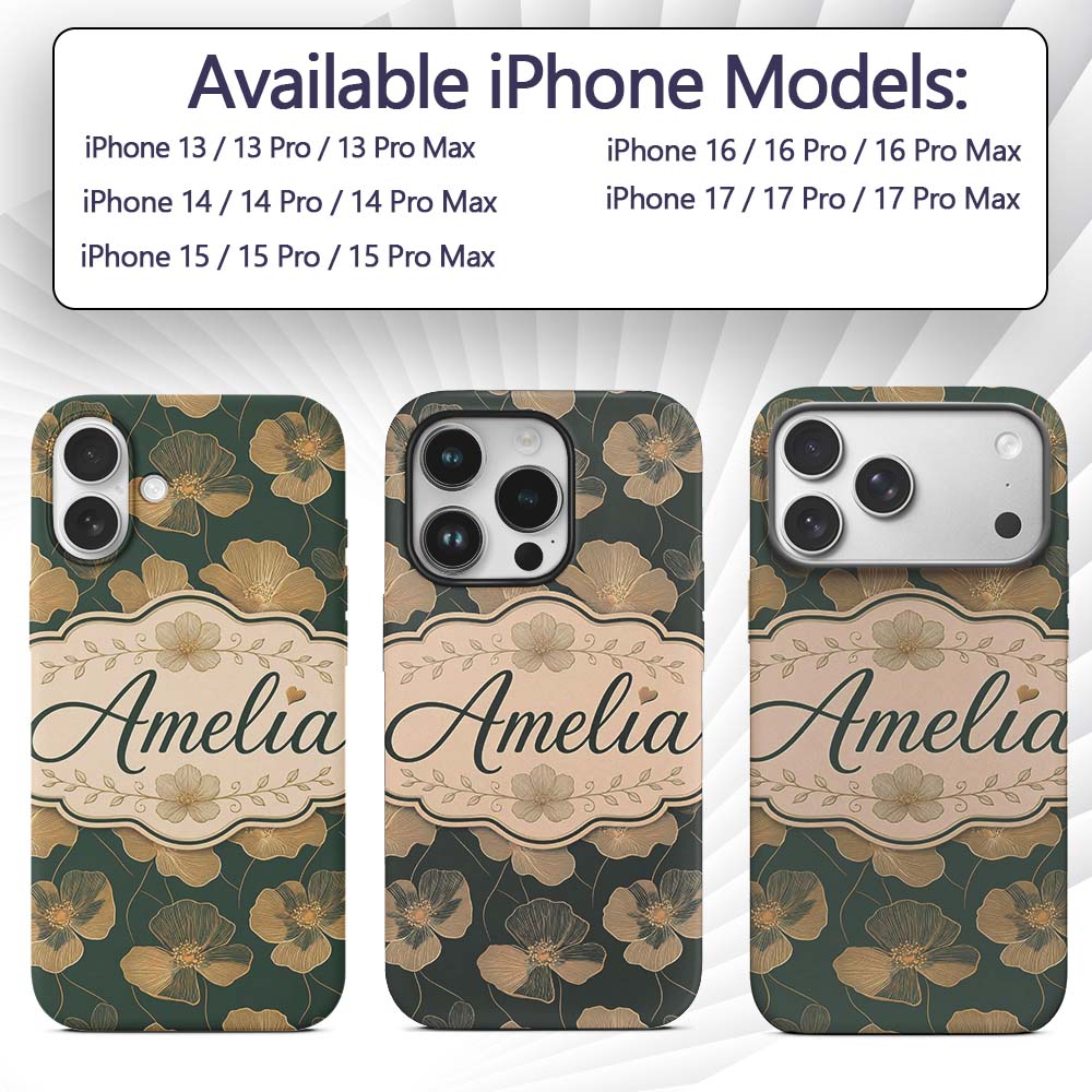 Luxury Dark Green Floral Pattern with Large Gold Custom Name Protective Phone Case Mobile Cover Durable Everyday Smartphone Shock Resistant