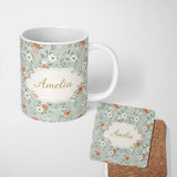 Personalized Custom Name Wildflower Orange and White Floral Pattern Sage Background Seamless 11oz Ceramic Coffee Tea Mug White Large Handle