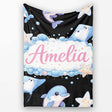 Cute Dolphin Stingray Starfish Cartoon Sea Life Pattern Black Lovely  Personalised Custom Name Super Soft Fleece Blanket Bed Sofa Throw