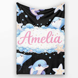 Cute Dolphin Stingray Starfish Cartoon Sea Life Pattern Black Lovely  Personalised Custom Name Super Soft Fleece Blanket Bed Sofa Throw