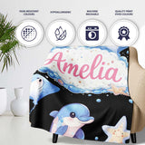 Cute Dolphin Stingray Starfish Cartoon Sea Life Pattern Black Lovely  Personalised Custom Name Super Soft Fleece Blanket Bed Sofa Throw