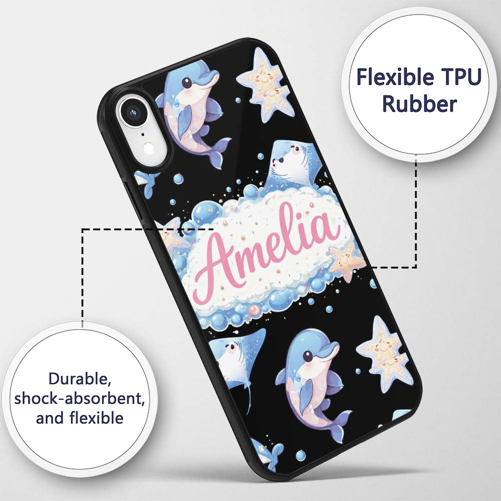 Cute Dolphin Stingray Starfish Cartoon Sea Life Custom Name Protective Phone Case Mobile Cover Durable Everyday Smartphone Shock Resistant