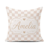 Custom Name Minimalist Neutral Checkerboard Pattern in Beige and Square Filled Cushion Throw Pillow Sofa Bed Home Decor Zip Washable UK Made