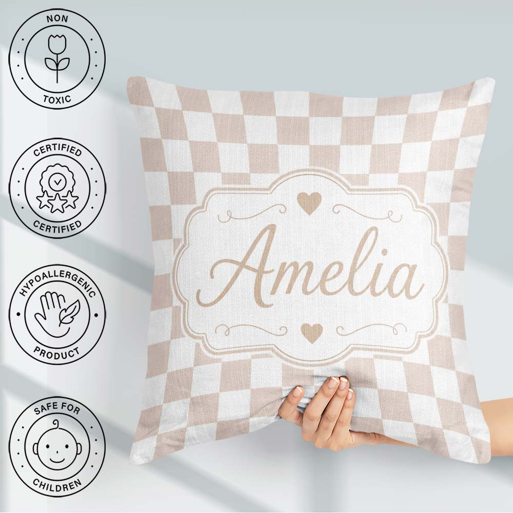 Custom Name Minimalist Neutral Checkerboard Pattern in Beige and Square Filled Cushion Throw Pillow Sofa Bed Home Decor Zip Washable UK Made