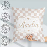 Custom Name Minimalist Neutral Checkerboard Pattern in Beige and Square Filled Cushion Throw Pillow Sofa Bed Home Decor Zip Washable UK Made
