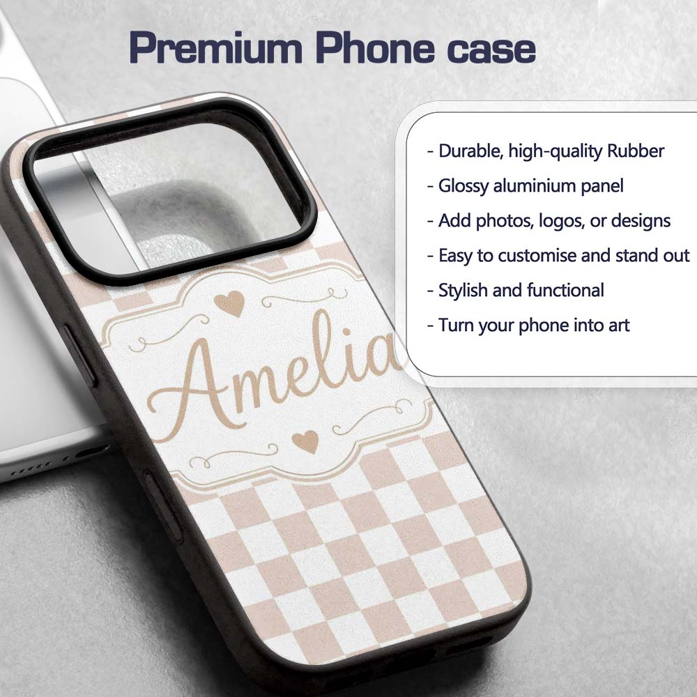 Minimalist Neutral Checkerboard Pattern in Beige Custom Name Protective Phone Case Mobile Cover Durable Everyday Smartphone Shock Resistant
