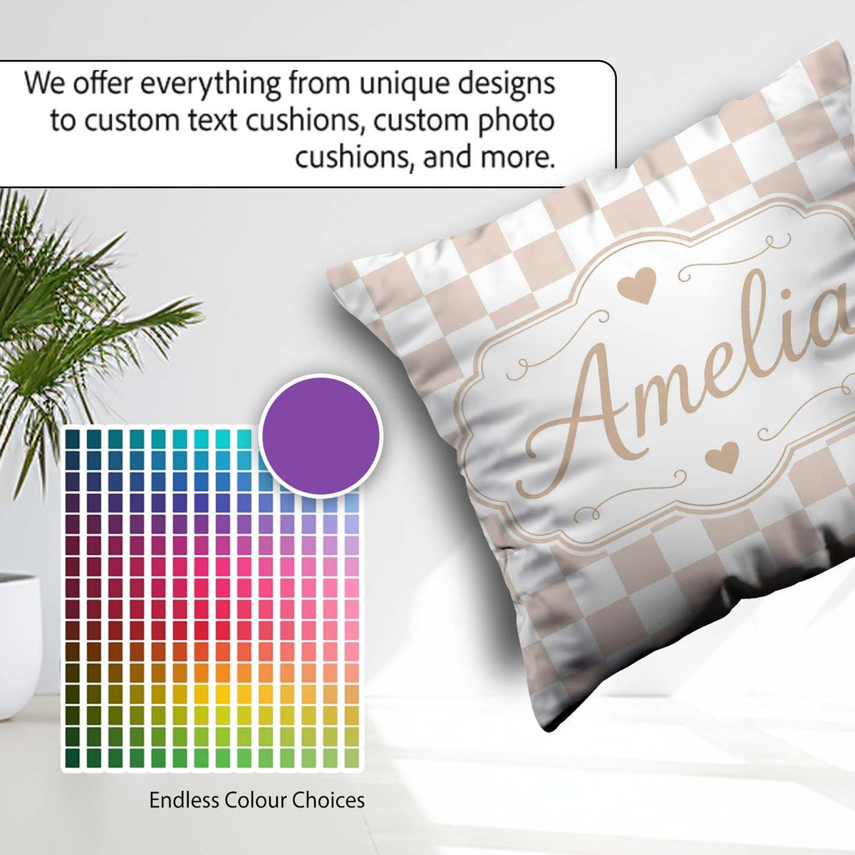 Custom Name Minimalist Neutral Checkerboard Pattern in Beige and Square Filled Cushion Throw Pillow Sofa Bed Home Decor Zip Washable UK Made