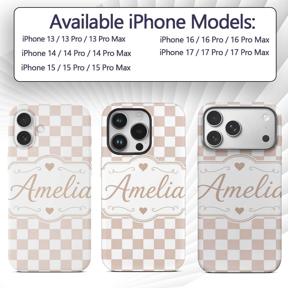 Minimalist Neutral Checkerboard Pattern in Beige Custom Name Protective Phone Case Mobile Cover Durable Everyday Smartphone Shock Resistant