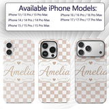 Minimalist Neutral Checkerboard Pattern in Beige Custom Name Protective Phone Case Mobile Cover Durable Everyday Smartphone Shock Resistant