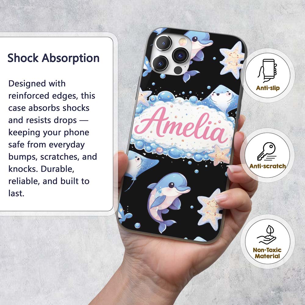 Cute Dolphin Stingray Starfish Cartoon Sea Life Custom Name Protective Phone Case Mobile Cover Durable Everyday Smartphone Shock Resistant
