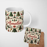Personalized Custom Name Classic Christmas Trees Ornaments Snowflakes Festive Holiday Lovely 11oz Ceramic Coffee Tea Mug White Large Handle