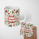 Personalized Custom Name Watercolor Christmas Baubles Holly Pine Branches Seamless Pattern 11oz Ceramic Coffee Tea Mug White Large Handle