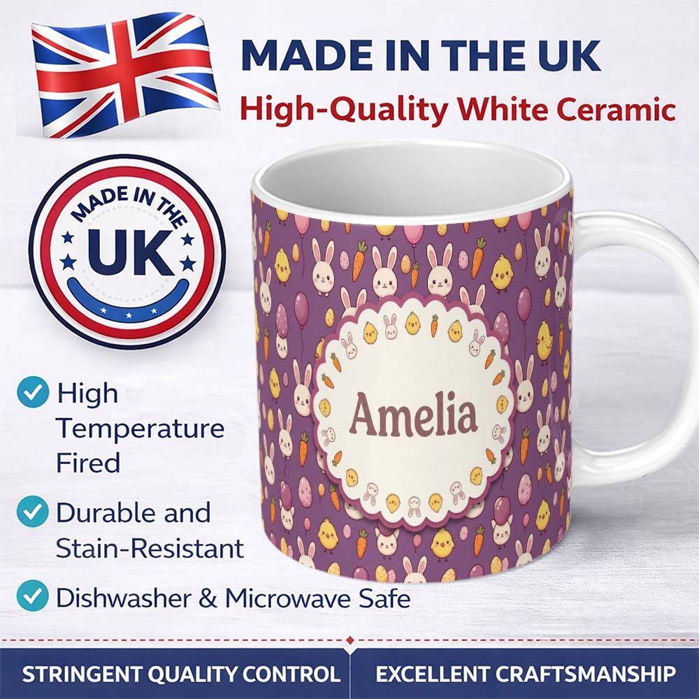Personalized Custom Name Cute Easter Bunny Chick Carrots Eggs Polka Dot Pattern Purple Lovely 11oz Ceramic Coffee Tea Mug White Large Handle