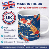 Personalized Custom Name Elegant Japanese Koi Fish with Cherry Blossom Waves Traditional 11oz Ceramic Coffee Tea Mug White Large Handle
