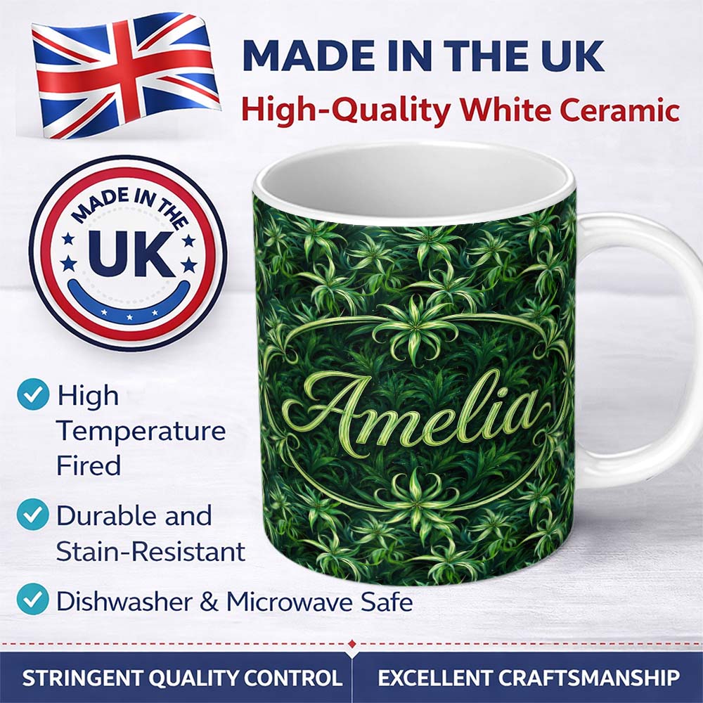 Personalized Custom Name Lush Tropical Green Foliage Botanical Jungle Seamless Pattern Design 11oz Ceramic Coffee Tea Mug White Large Handle