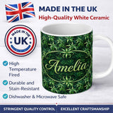 Personalized Custom Name Lush Tropical Green Foliage Botanical Jungle Seamless Pattern Design 11oz Ceramic Coffee Tea Mug White Large Handle