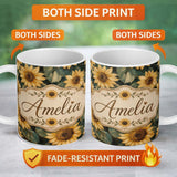 Personalized Custom Name Rich Painterly Sunflower Floral Dark Background Seamless Pattern 11oz Ceramic Coffee Tea Mug White Large Handle